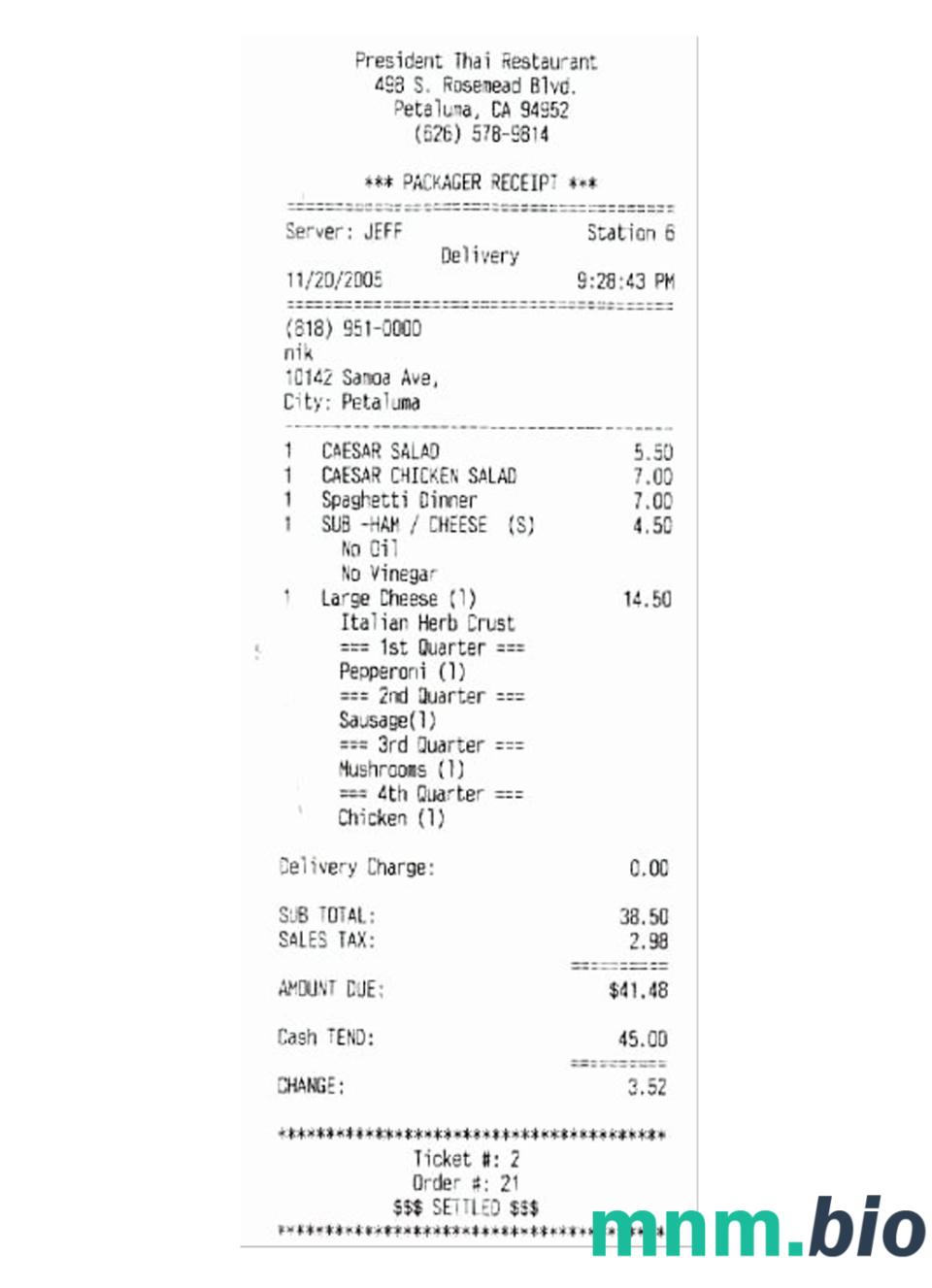 President Thai Restaurant przykładowy czek płatniczy PSD